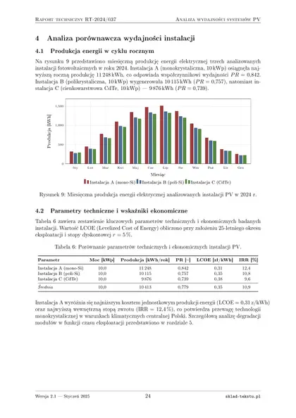 Raport techniczny — Analiza fotowoltaiki — wykresy pgfplots, tabele booktabs