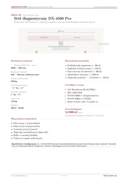 Katalog produktowy — Stół medyczny — rysunek techniczny TikZ, specyfikacja
