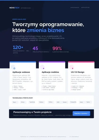 Broszura usługowa — Oferta software house — dark hero, karty usług, tech badges