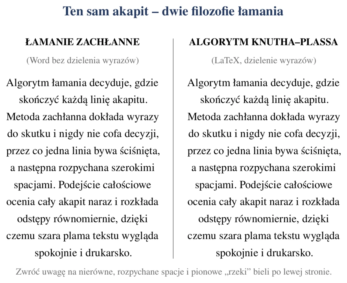 Porównanie tego samego akapitu złożonego dwoma metodami łamania linii — zachłanną z nierównymi, rozpychanymi spacjami oraz całościową z równomiernymi odstępami.