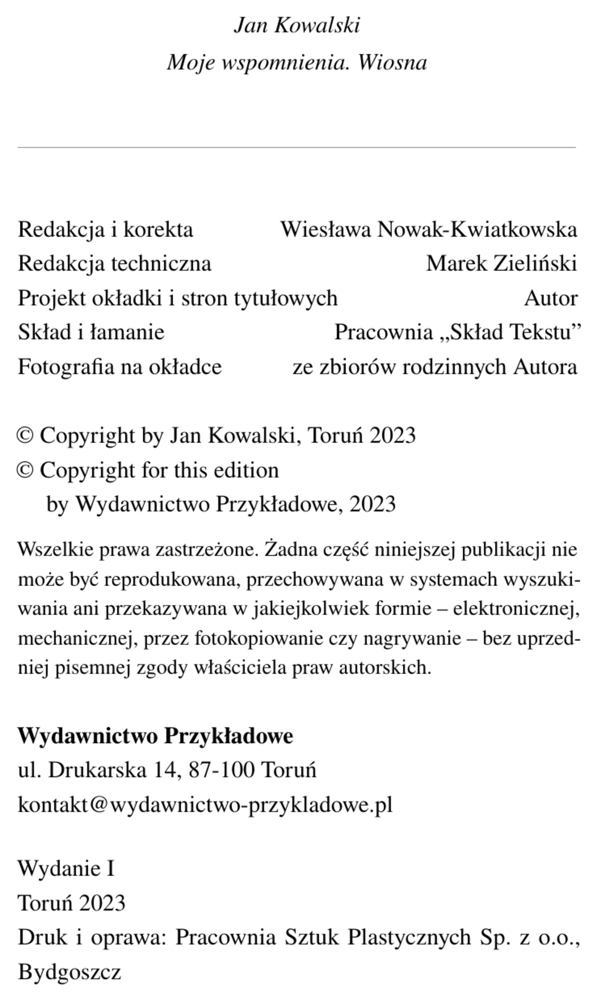 Strona redakcyjna książki z notą copyrightową, numerem ISBN, danymi wydawcy i metryką drukarską, złożona w LaTeX-u.