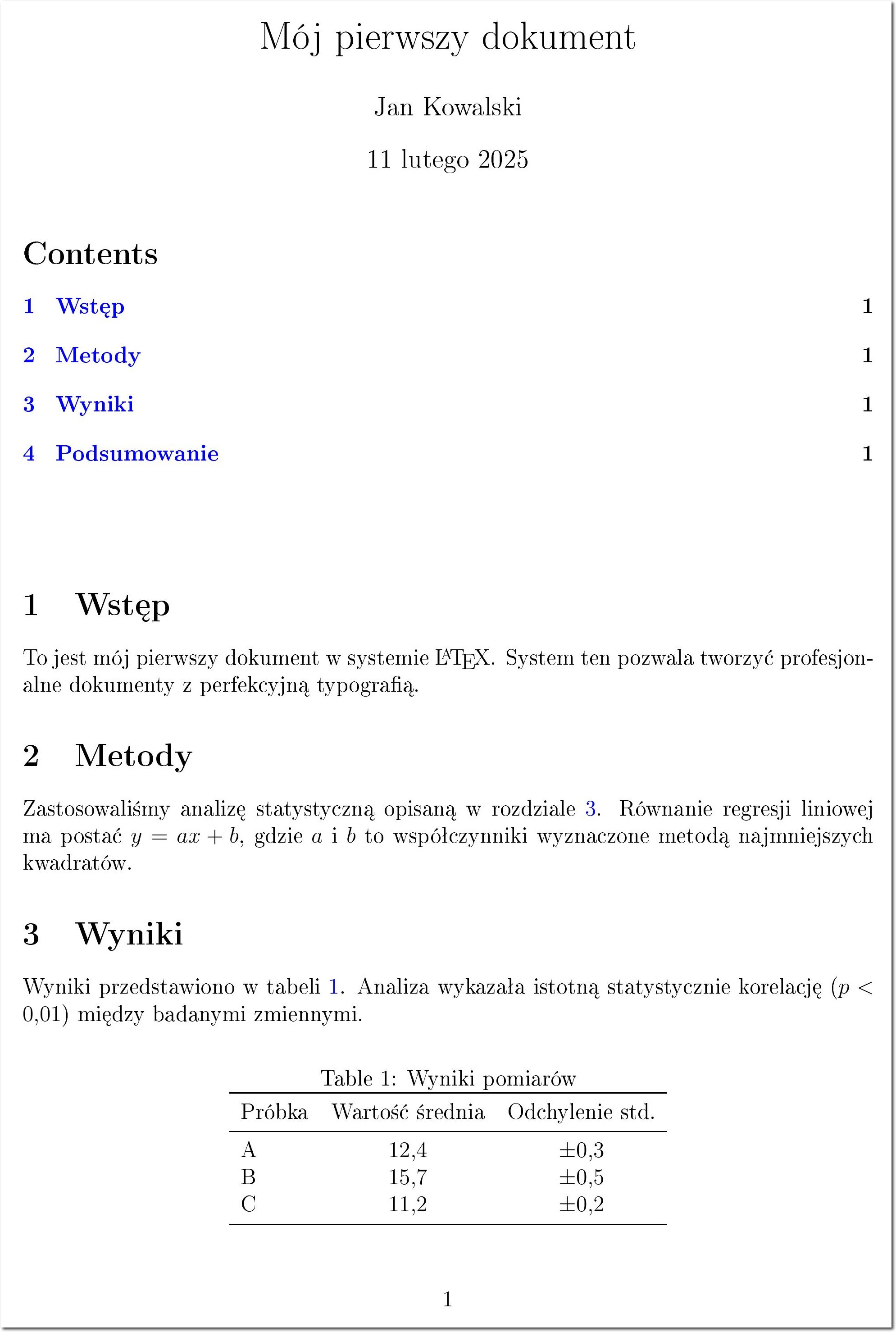 Pełny dokument LaTeX — strona tytułowa, spis treści, sekcje i tabela z booktabs