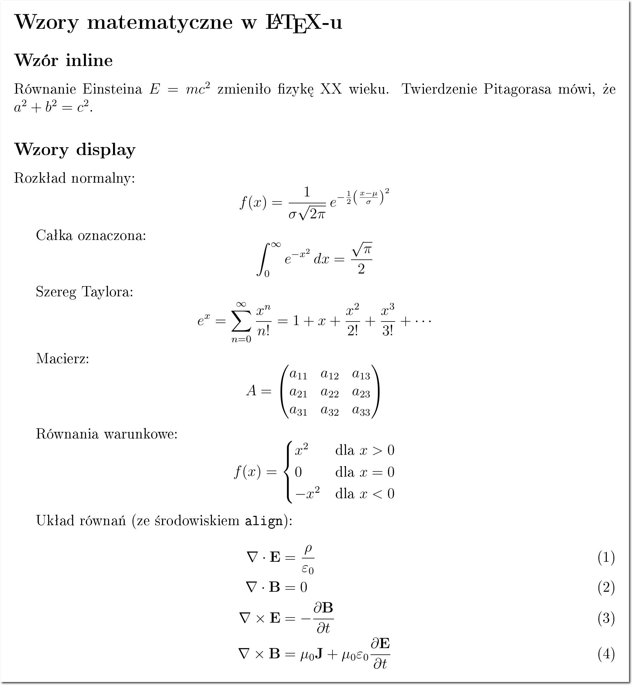 Wzory matematyczne w LaTeX — od inline po równania Maxwella