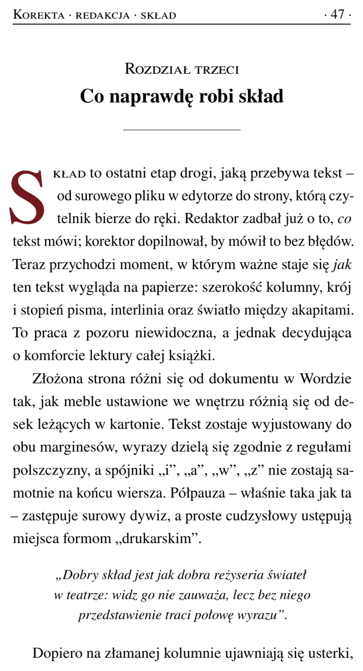 Strona książki realnie złożona w LaTeX-u — z inicjałem, wyjustowanym tekstem i poprawną typografią.