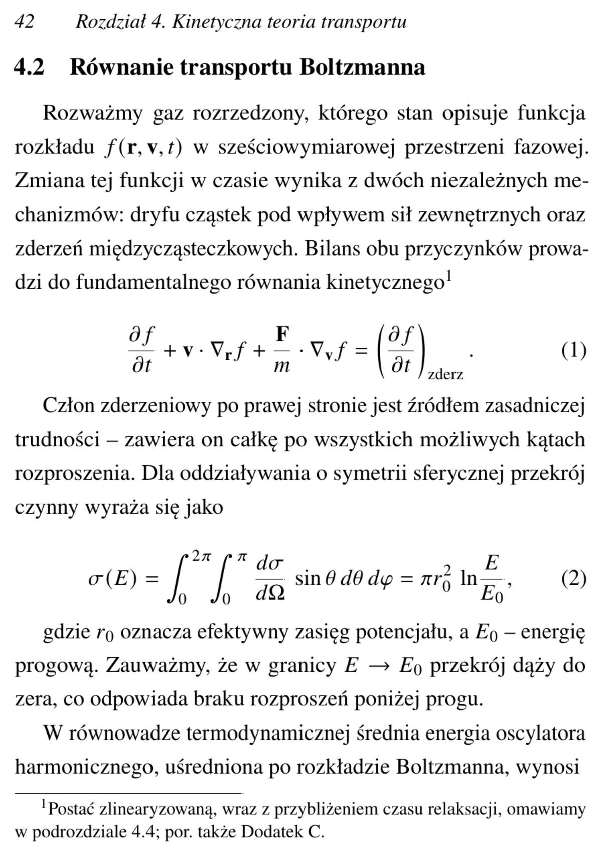 Fragment strony monografii z fizyki ze wzorami, przypisem dolnym i justowanym akapitem złożony w LaTeX-u.