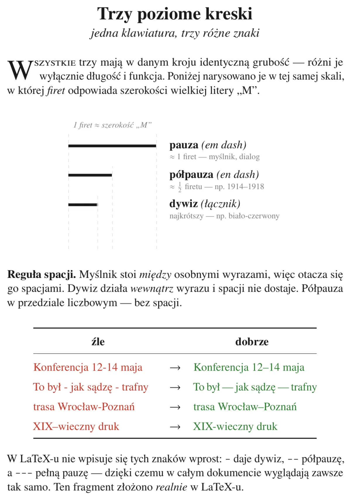 Porównanie trzech poziomych kresek — pauzy, półpauzy i dywizu — narysowanych w tej samej skali względem firetu, z przykładami błędnego i poprawnego użycia.