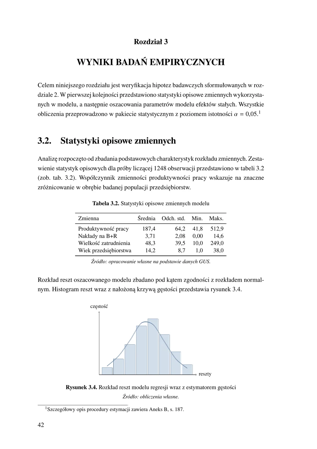 Strona treści pracy doktorskiej złożona w LaTeX-u — rozdział 3, tekst justowany z interlinią 1,5, Tabela 3.2 z tytułem nad i źródłem pod spodem, Rysunek 3.4 z wykresem, numeracja strony w stopce