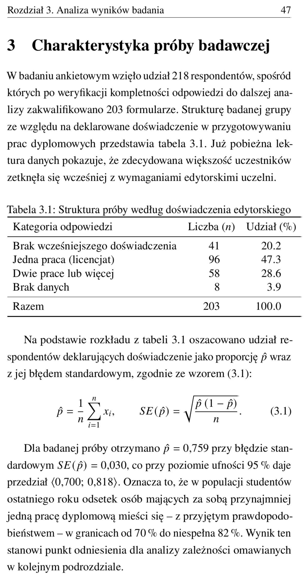 Złożona w LaTeX-u strona empirycznego rozdziału pracy magisterskiej z numerowaną tabelą wyników, wzorem i justowanym tekstem.