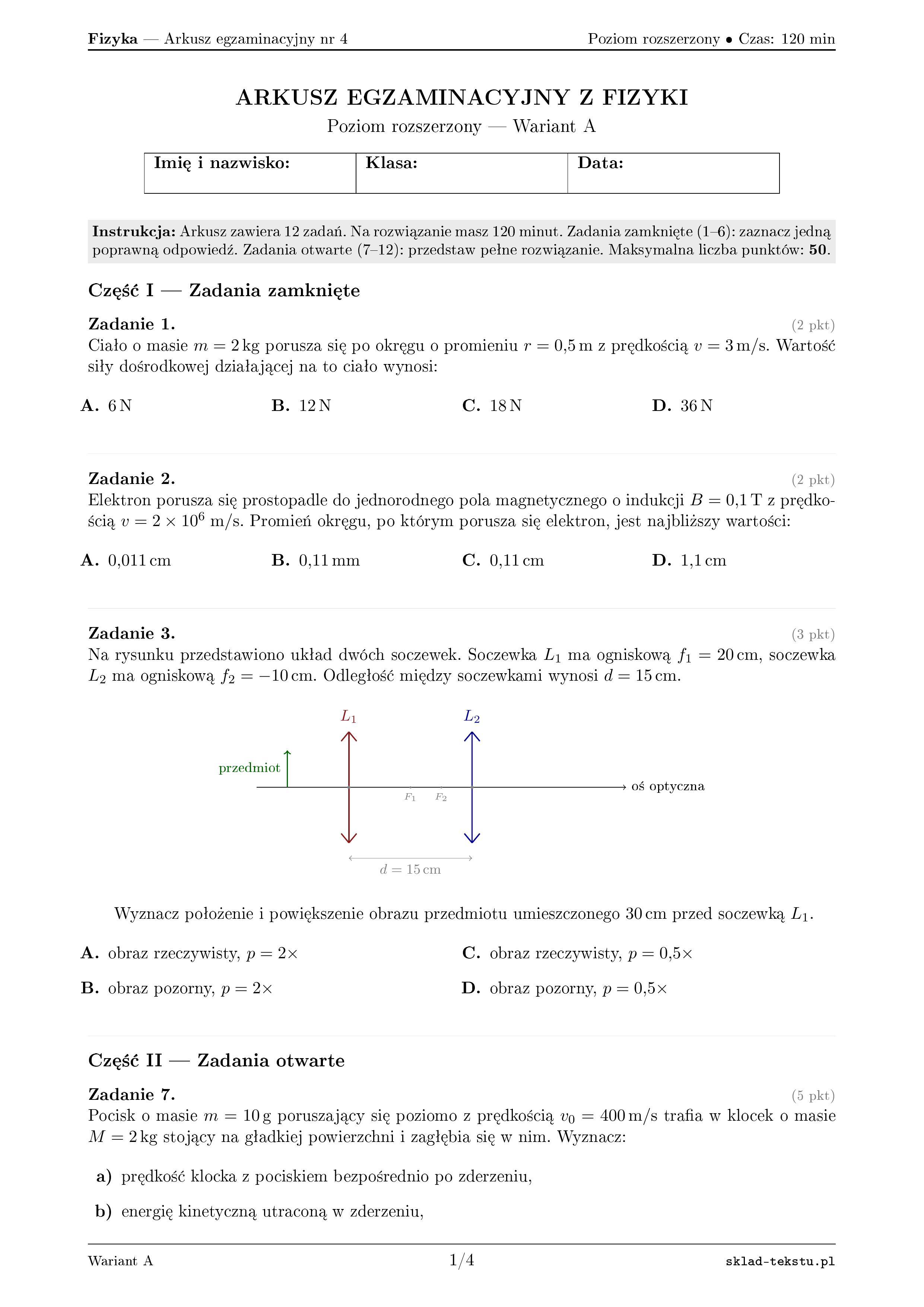 Arkusz egzaminacyjny — Egzamin z fizyki — zadania, diagramy optyczne, warianty