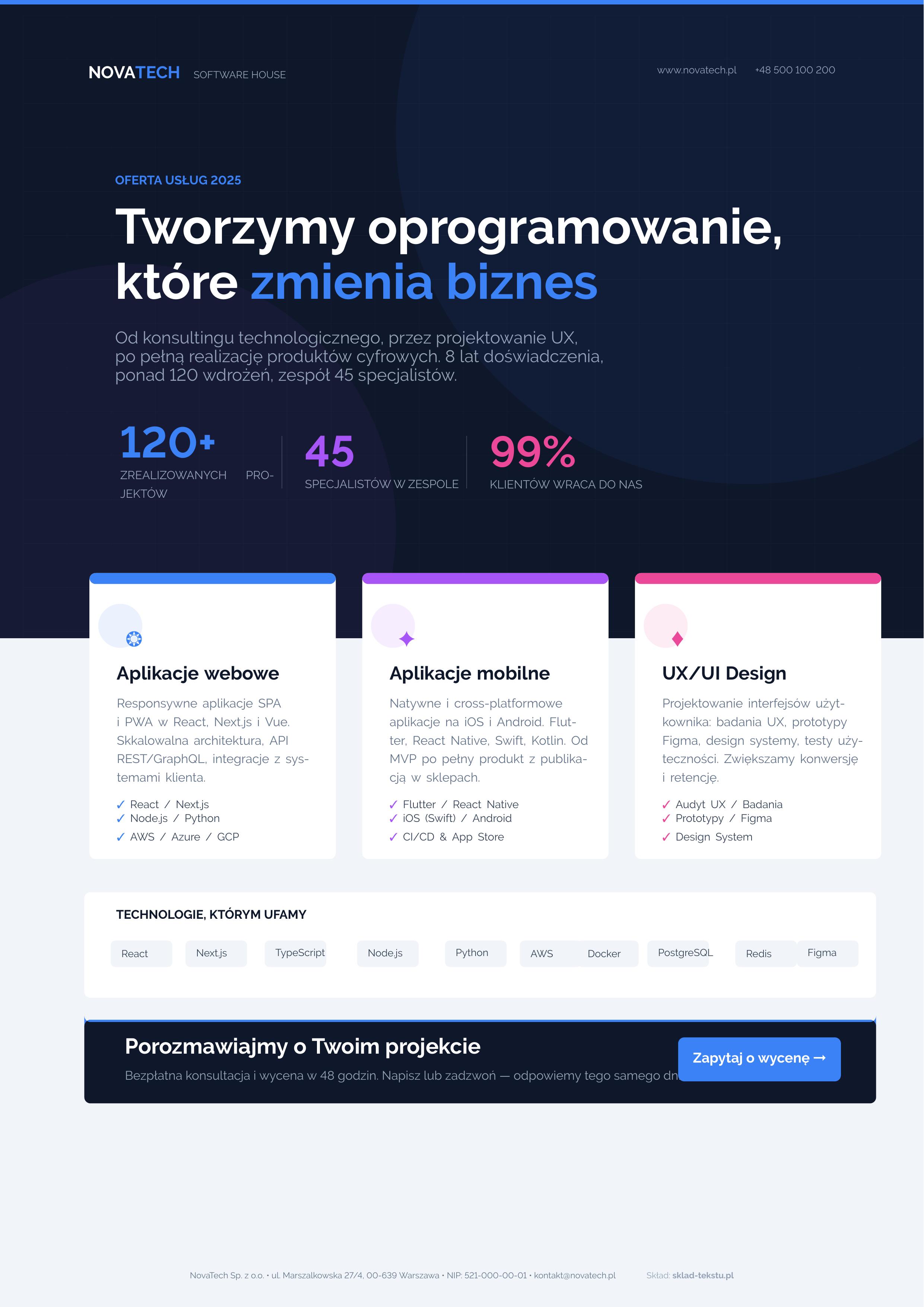 Broszura usługowa — Oferta software house — dark hero, karty usług, tech badges