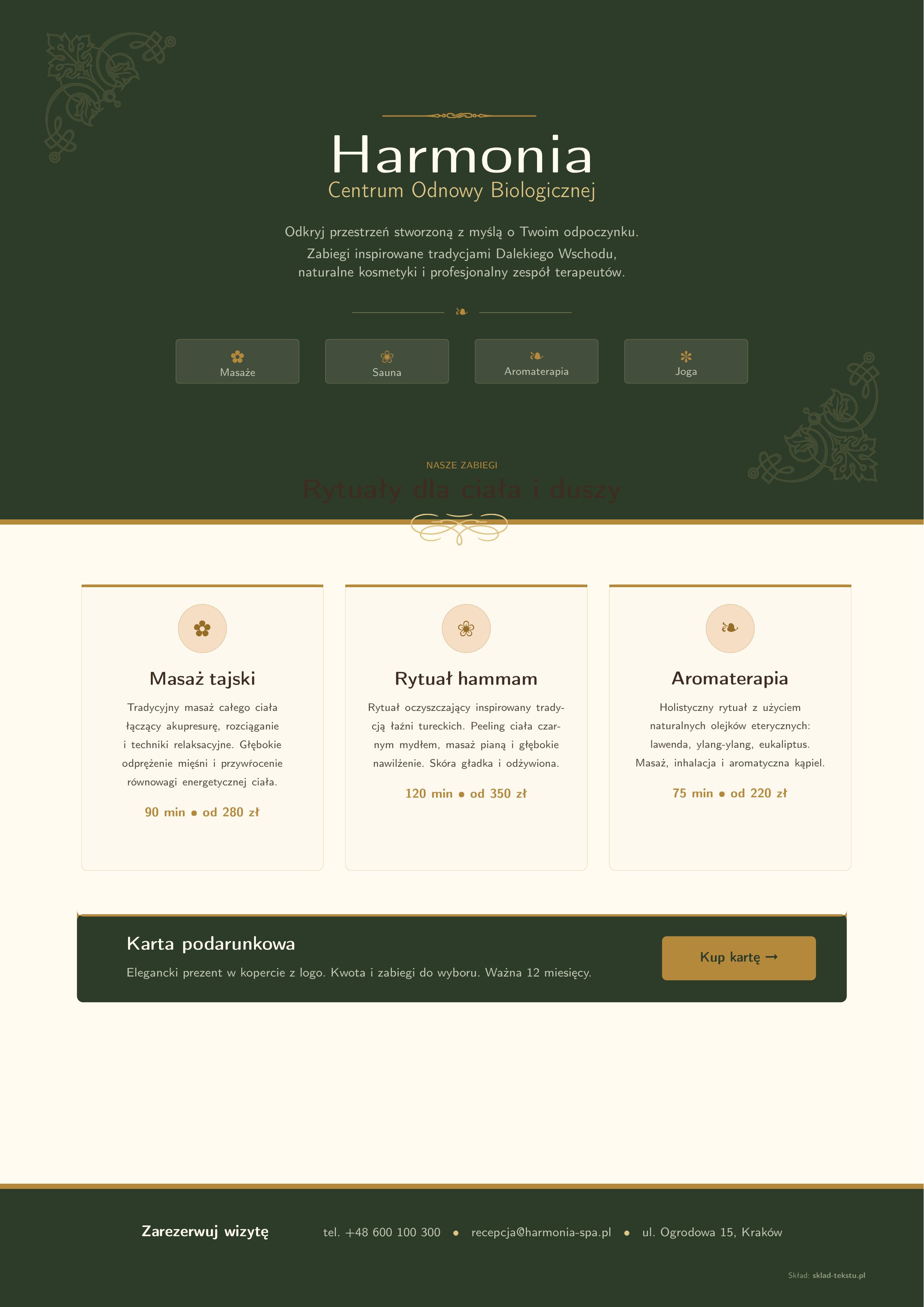 Broszura SPA — Centrum wellness — elegancka paleta, ornamenty, karty zabiegów