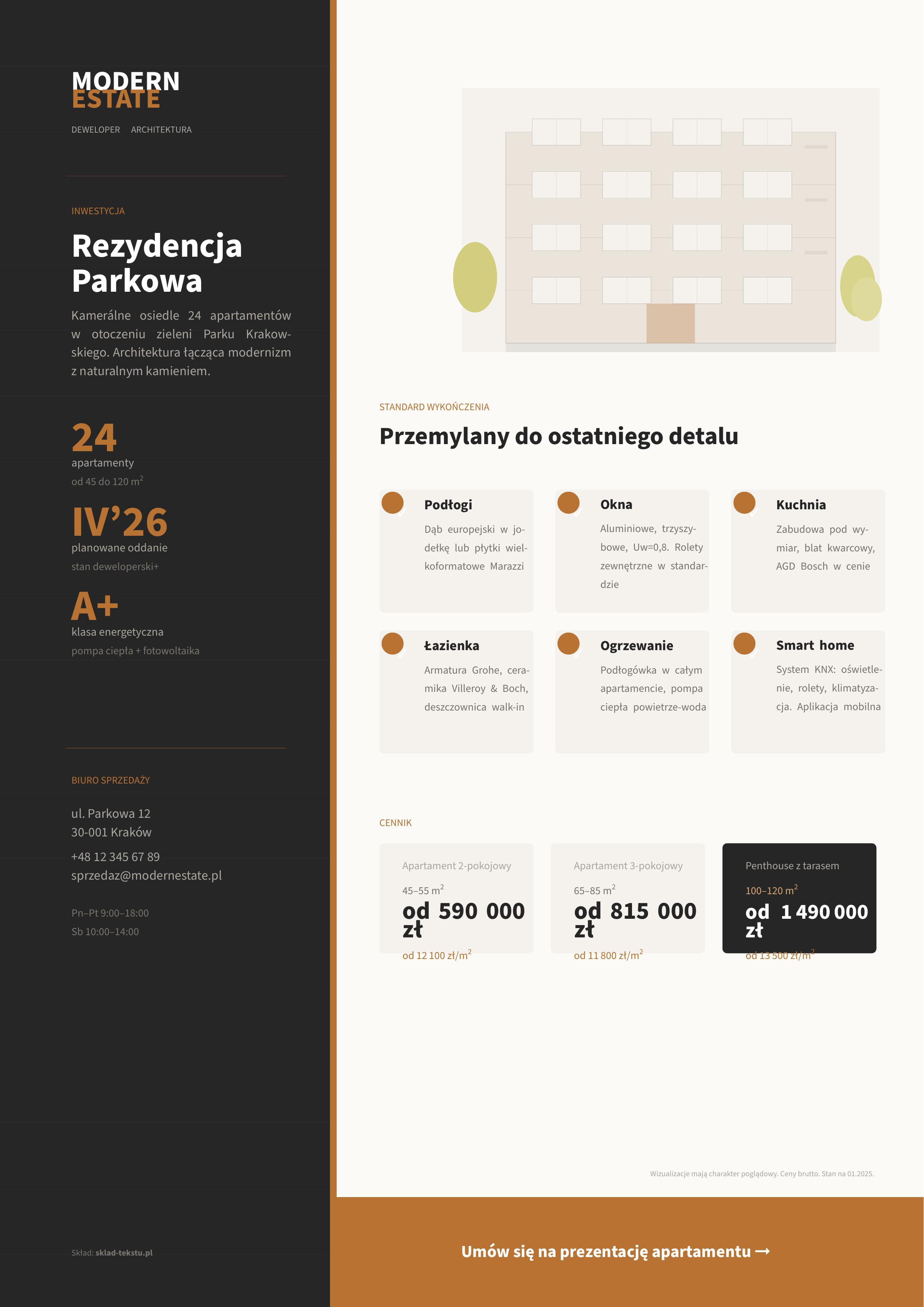 Katalog dewelopera — Inwestycja mieszkaniowa — split layout, wizualizacja, cennik